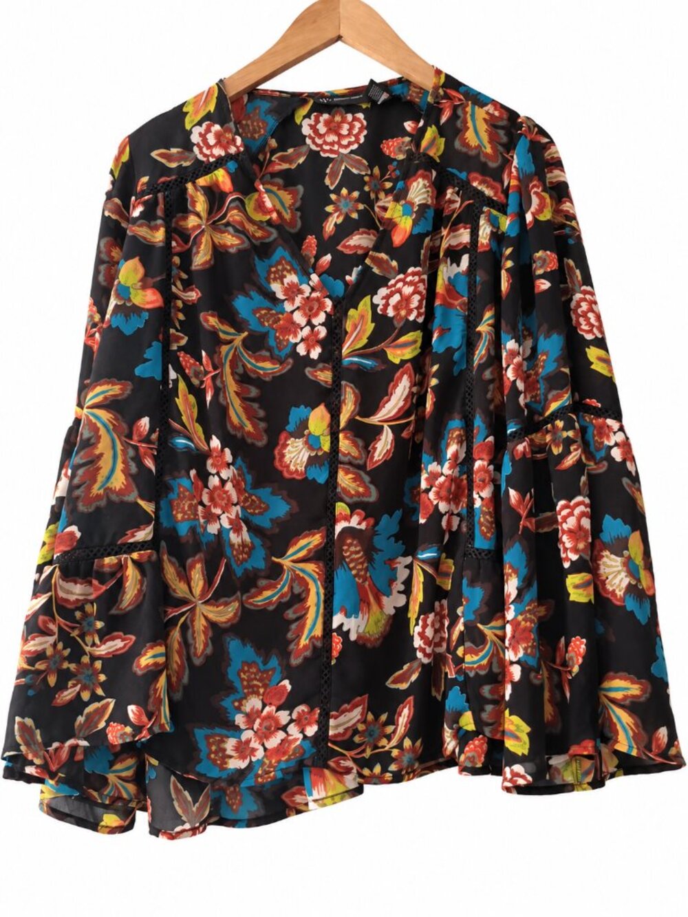 INC International Concepts Black Floral Bell Sleeve Peplum Blouse Boho 1X